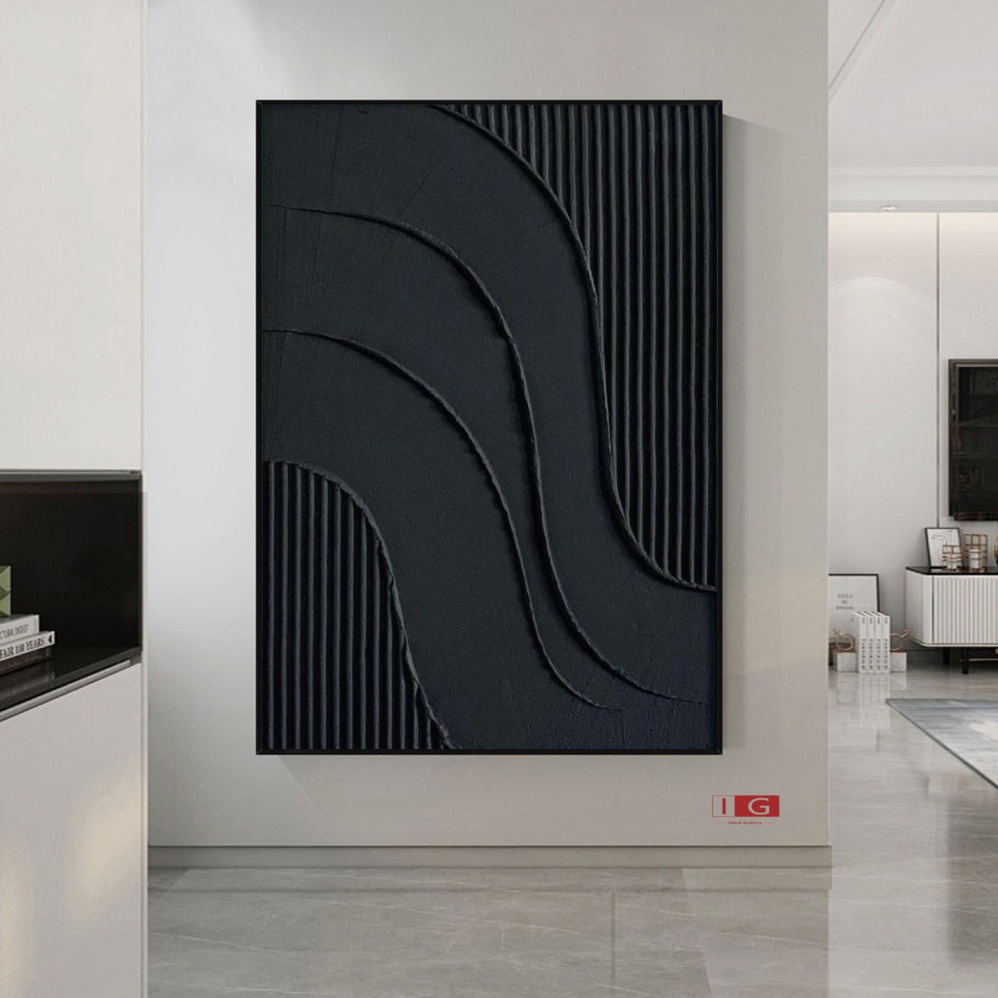 Black Textured Abstract Painting – Framed 3D Wall Decor