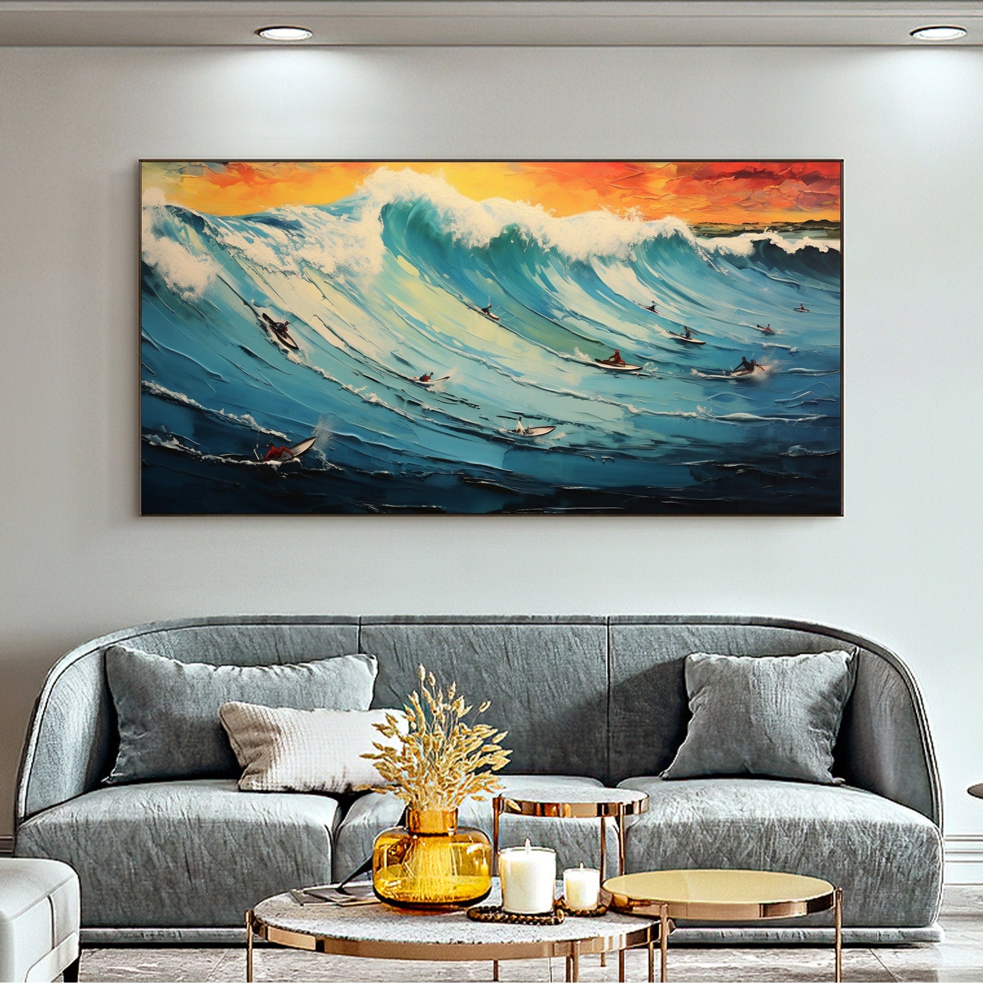 Original Surf Painting on Canvas, Blue Ocean Waves Art – Blue Ocean Wave Seascape Wall Art | Abstract Oil Painting, view 1