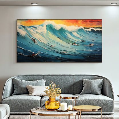 Original Surf Painting on Canvas, Blue Ocean Waves Art – Blue Ocean Wave Seascape Wall Art | Abstract Oil Painting, view 1