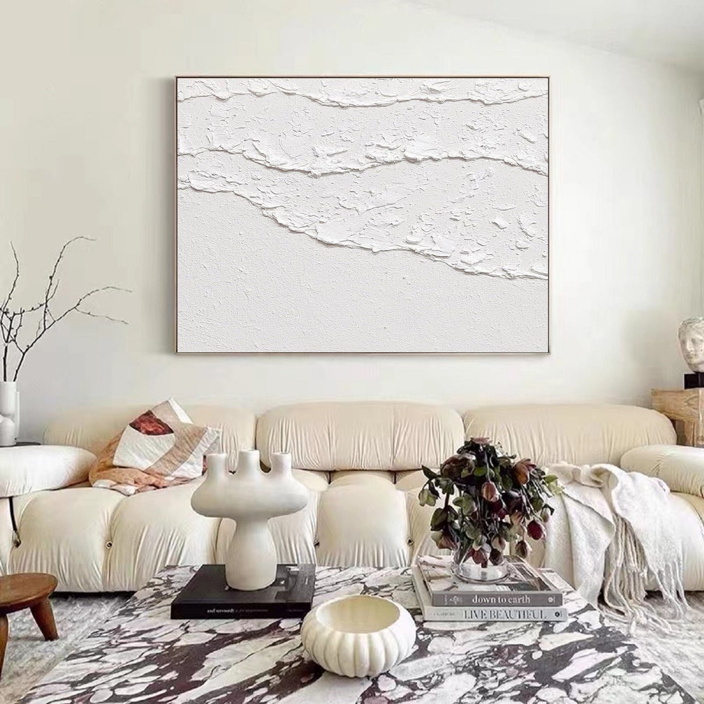 White Waves Abstract 3D Textured Painting – Minimalist Wall Art – Abstract Painting