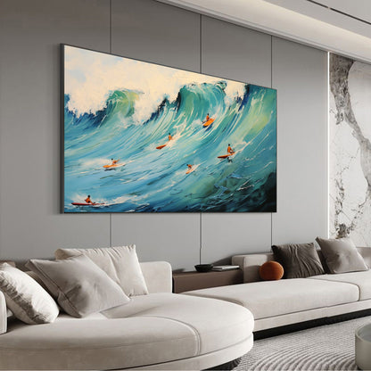 Original Surf Painting on Canvas, Blue Ocean Waves Scenery Art – Blue Ocean Wave Seascape Wall Art | Abstract Oil Painting, v