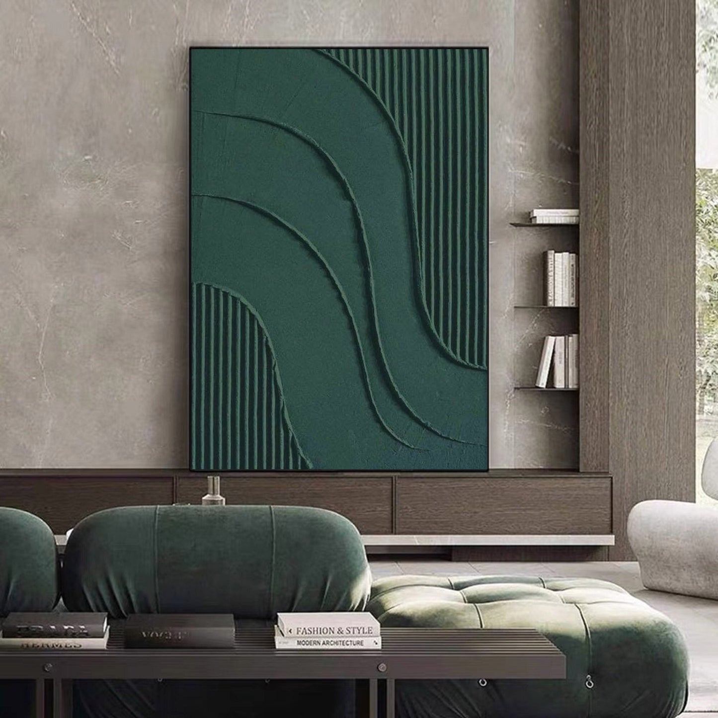Green Textured Abstract Painting – Large 3D Wall Decor