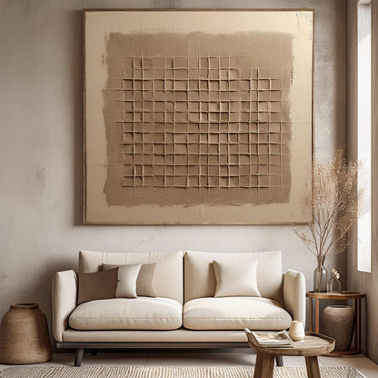Beige Brown Wabi Sabi Wall Art 3D Grid Texture Canvas Painting for Office Decor