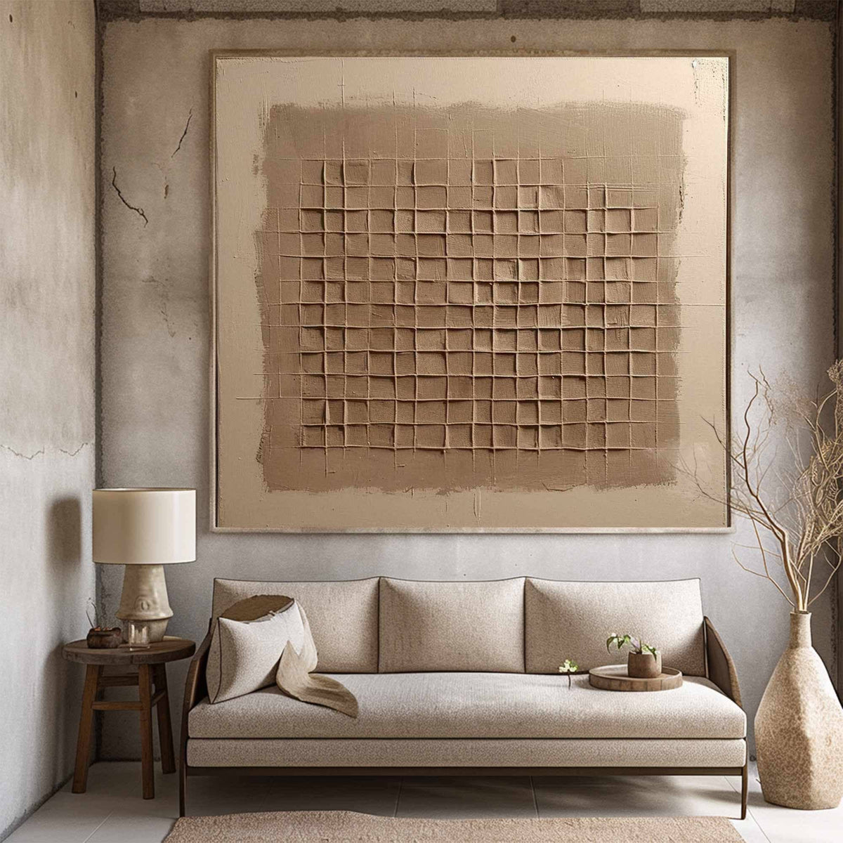 Beige Brown Wabi Sabi Wall Art 3D Grid Texture Canvas Painting for Office Decor