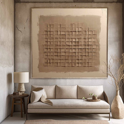 Beige Brown Wabi Sabi Wall Art 3D Grid Texture Canvas Painting for Office Decor