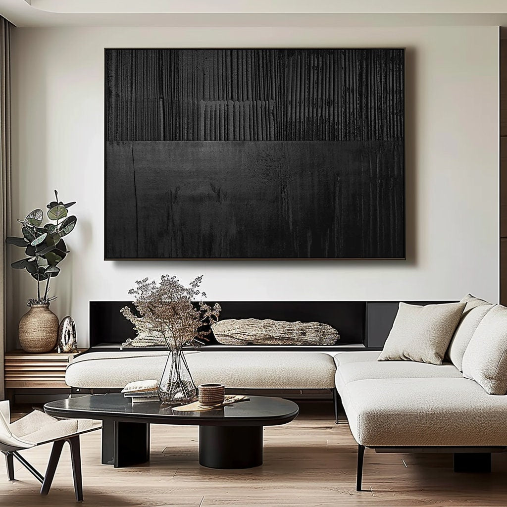 Large Black 3D Textured Abstract Painting – Minimalist Wall Art