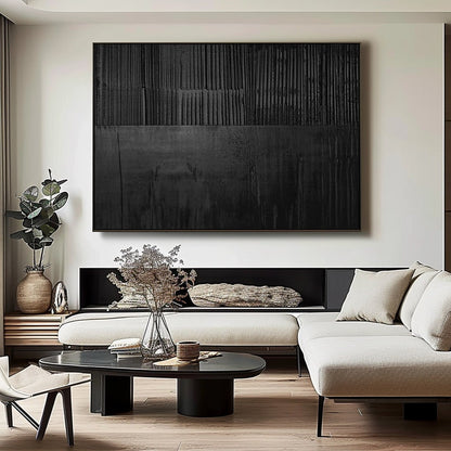 Large Black 3D Textured Abstract Painting – Minimalist Wall Art