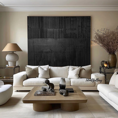 Large Black 3D Textured Abstract Painting – Minimalist Wall Art