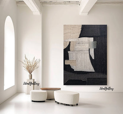 Black Abstract Textured Canvas Painting – Large Minimalist Wall Art – Abstract Painting