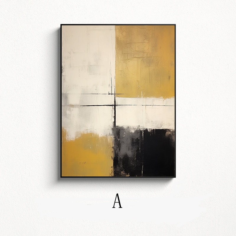 May include: Abstract painting with a black frame. The painting is divided into four sections with a white, black, gray, and gold color scheme.