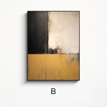 May include: Abstract painting with black, white, and gold geometric shapes. The painting is framed in black.