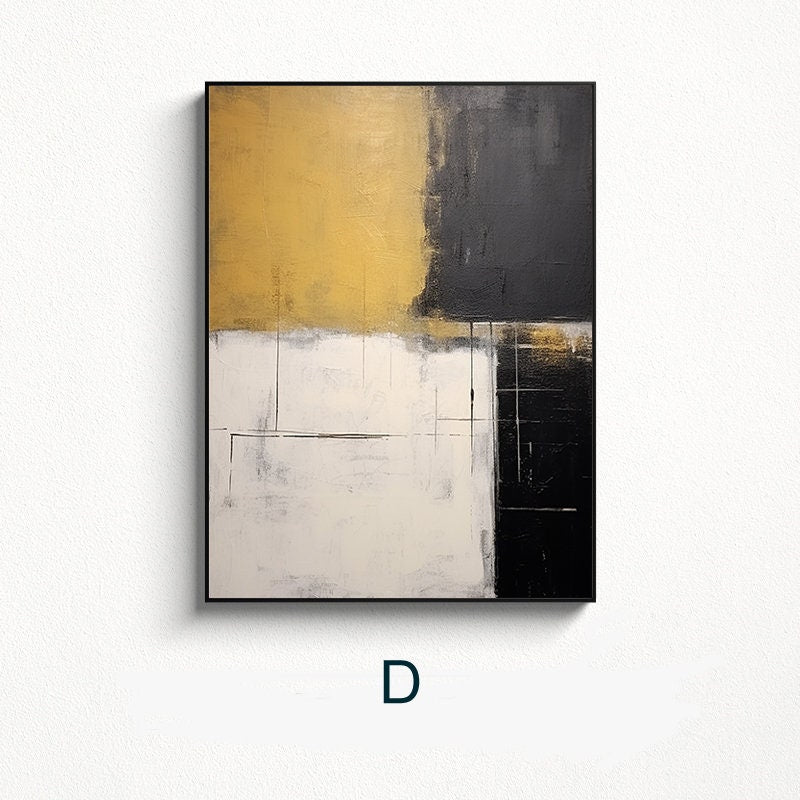 May include: Abstract painting with a black, white, and gold color scheme. The painting is divided into four sections, with a black section on the right, a white section on the left, and two gold sections in the middle. The painting has a modern and minimalist style.