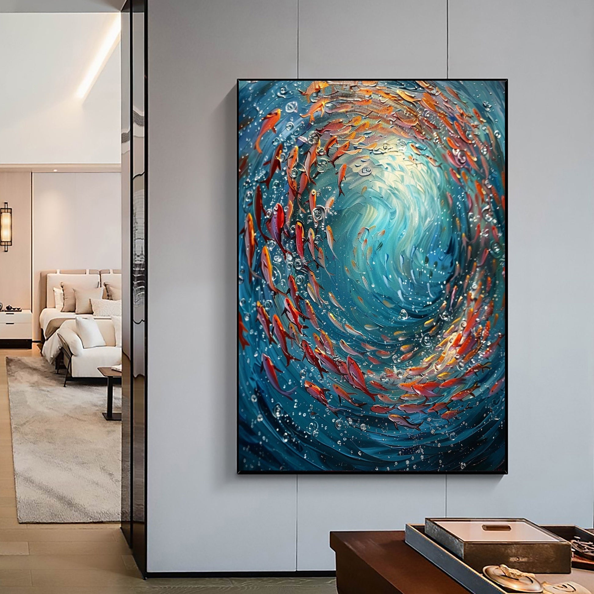 Original School Of Fish On The Bottom Of The Sea Oil Painting On Canvas, Abstract Blue Ocean Painting, Living Room Wall Art, 