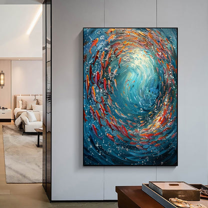 Original School Of Fish On The Bottom Of The Sea Oil Painting On Canvas, Abstract Blue Ocean Painting, Living Room Wall Art, 