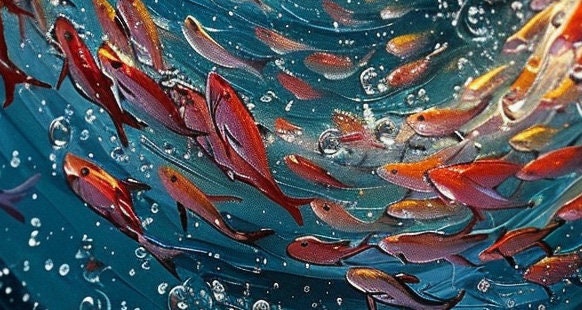 Original School Of Fish On The Bottom Of The Sea Oil Painting On Canvas, Abstract Blue Ocean Painting, Living Room Wall Art, 