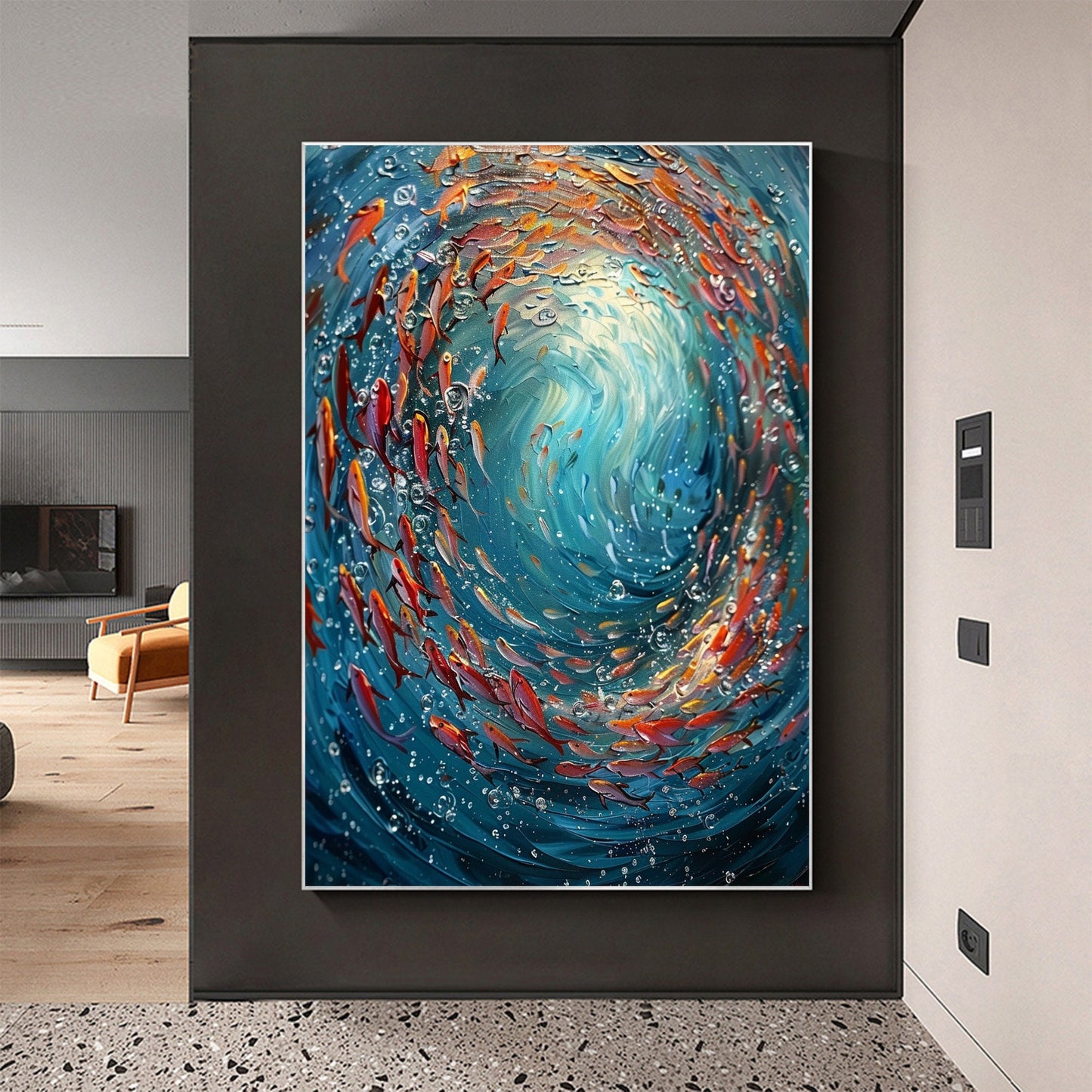 Original School Of Fish On The Bottom Of The Sea Oil Painting On Canvas, Abstract Blue Ocean Painting, Living Room Wall Art, 