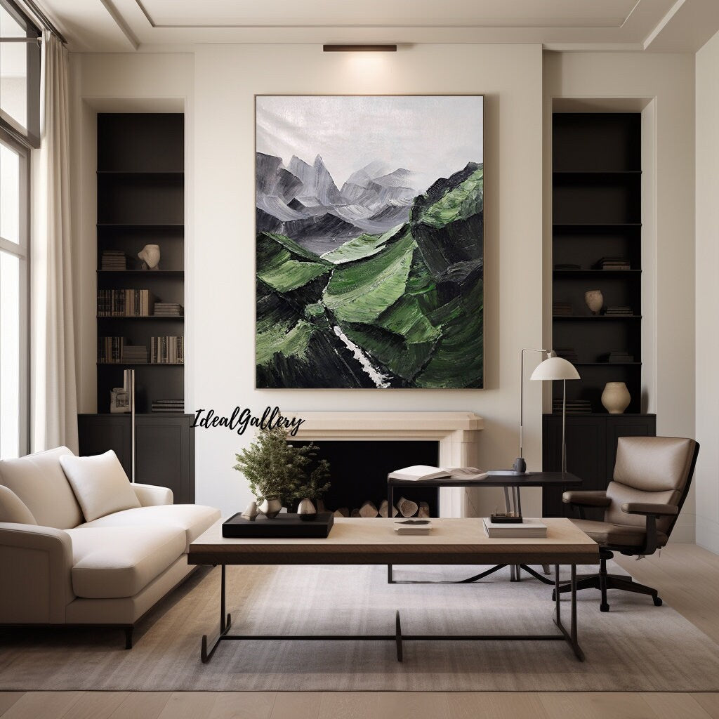Green Mountain Abstract Painting – Minimalist Landscape Art – Landscape Canvas Art