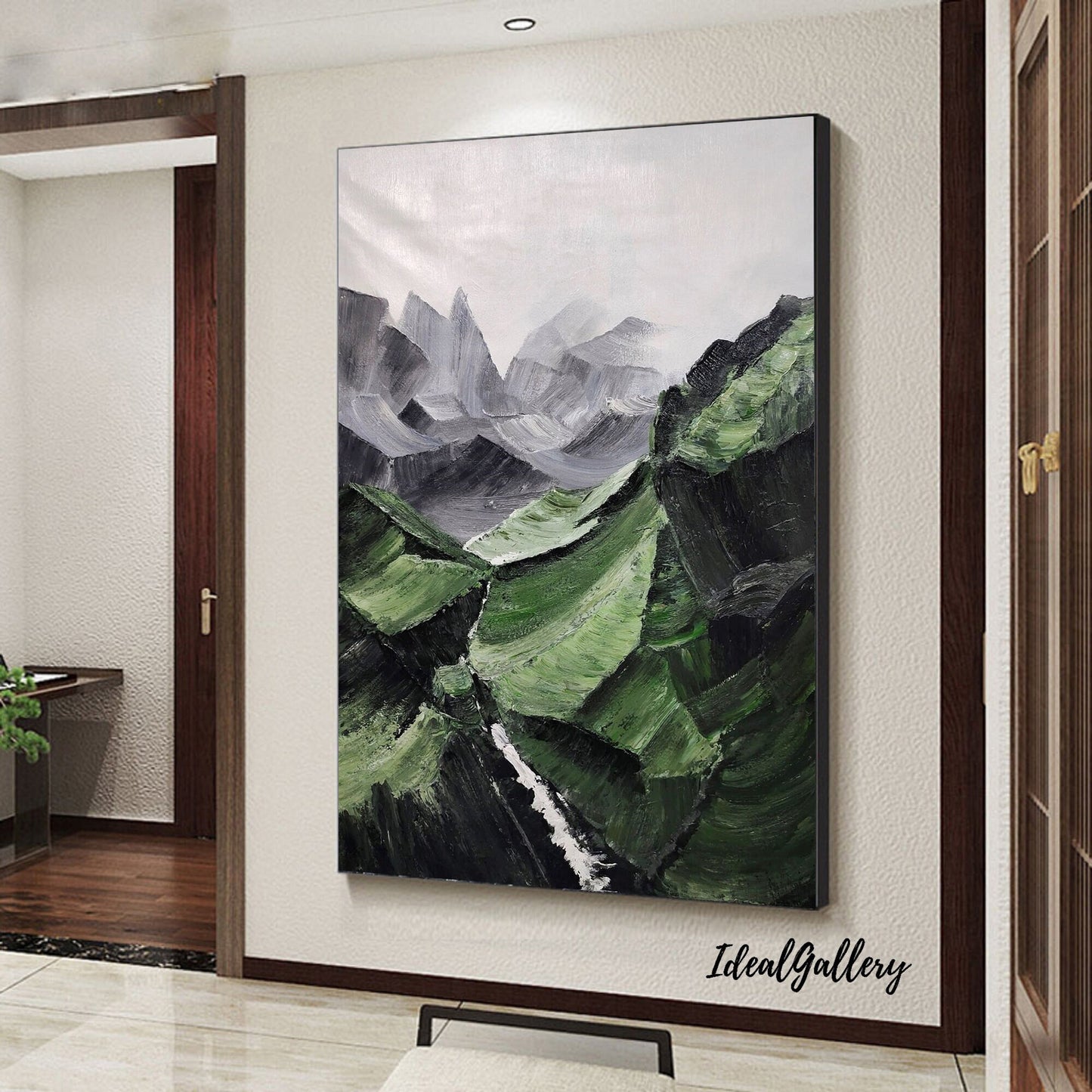 Green Mountain Abstract Painting – Minimalist Landscape Art – Landscape Canvas Art