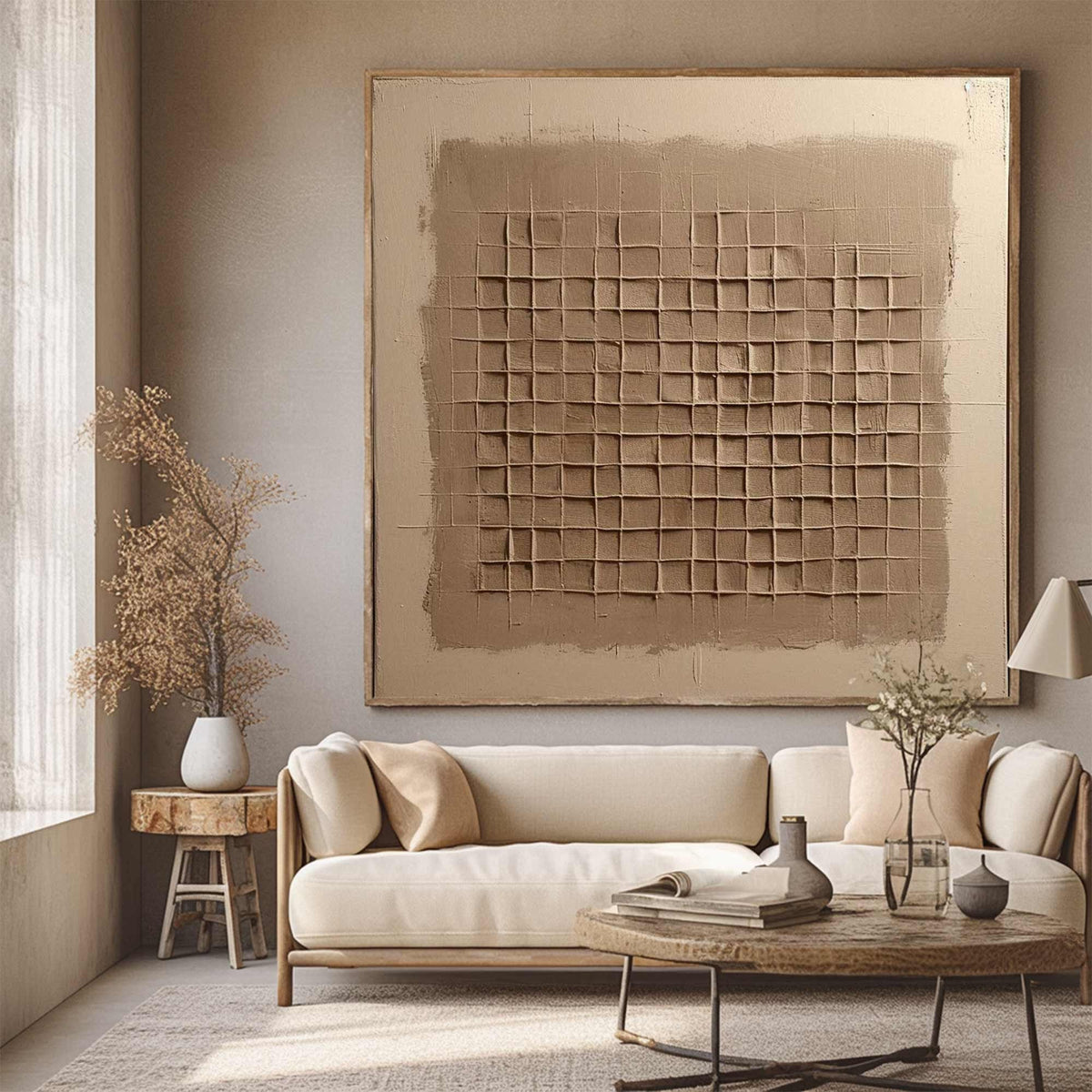 Beige Brown Wabi Sabi Wall Art 3D Grid Texture Canvas Painting for Office Decor