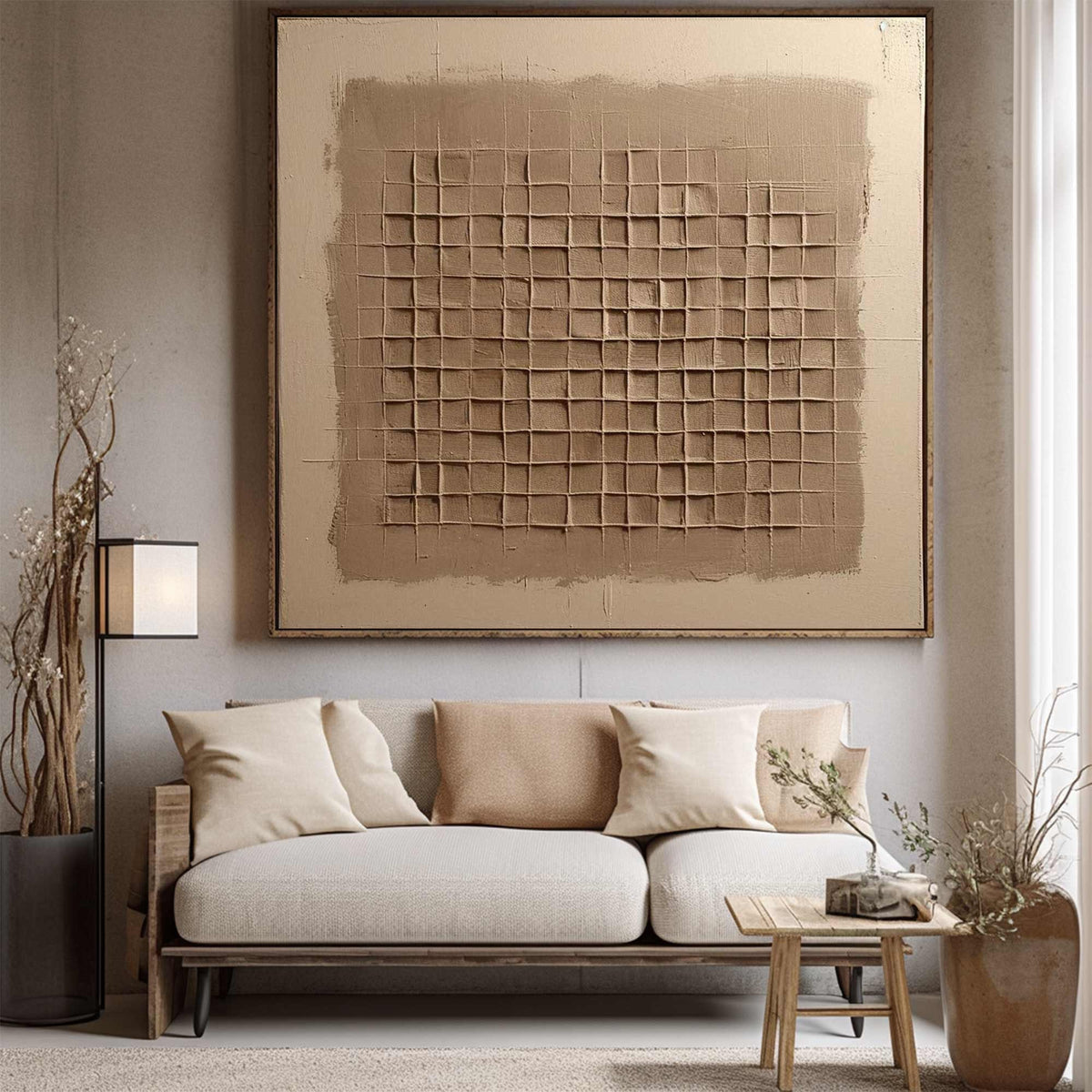 Beige Brown Wabi Sabi Wall Art 3D Grid Texture Canvas Painting for Office Decor