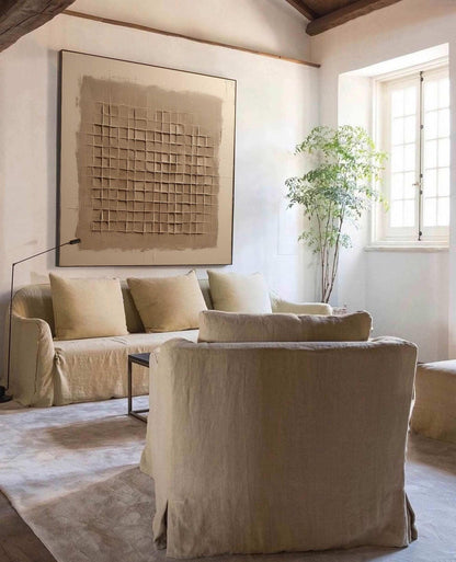 Beige Brown Wabi Sabi Wall Art 3D Grid Texture Canvas Painting for Office Decor