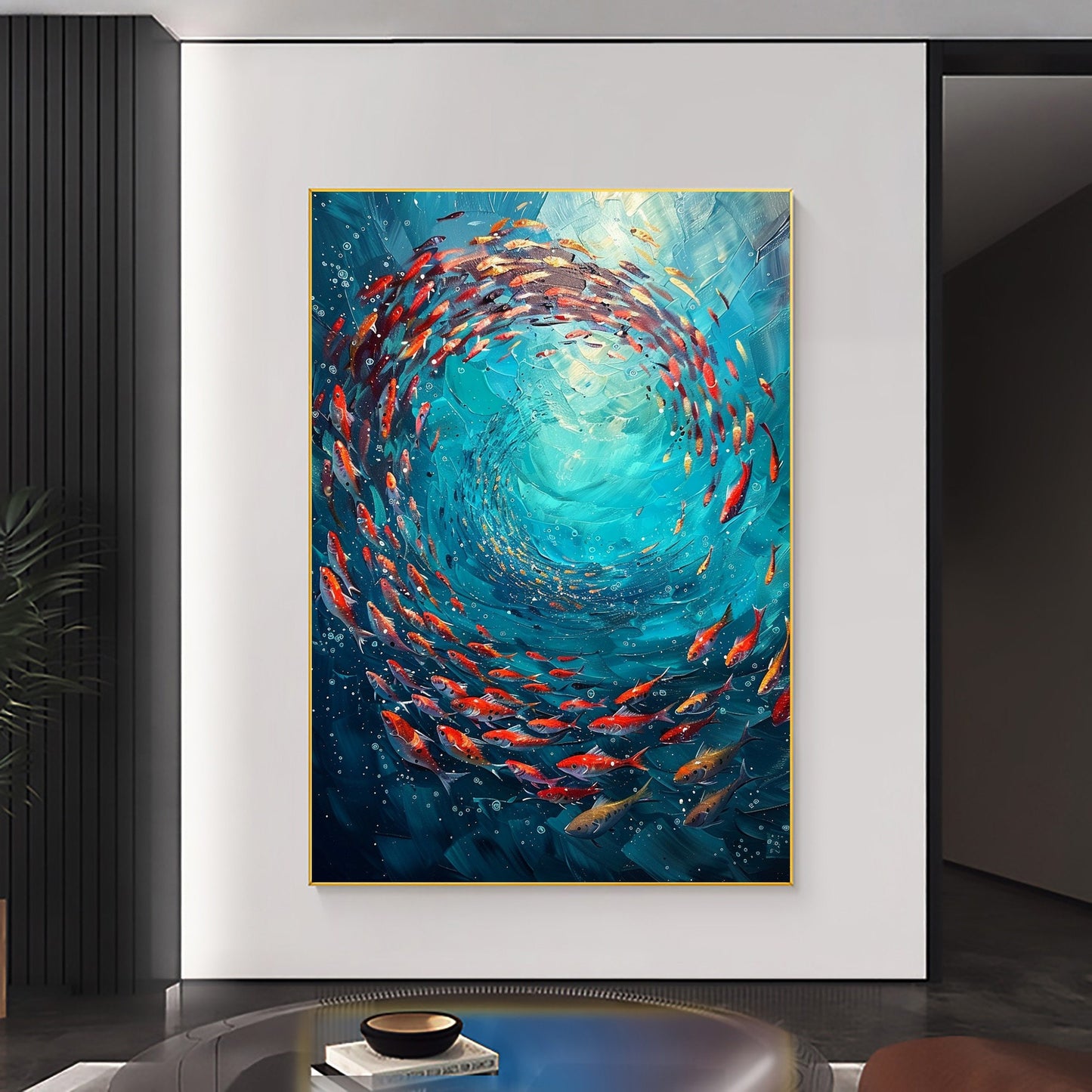Original School of Fish – Turquoise and Green Underwater Ocean Wall Art | Abstract Textured Hand-Painted Oil Painting, view 3