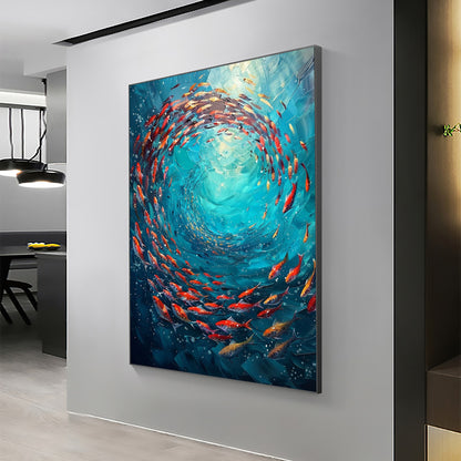 Turquoise and Green Abstract Textured Underwater Ocean Wall Art – Original School of Fish