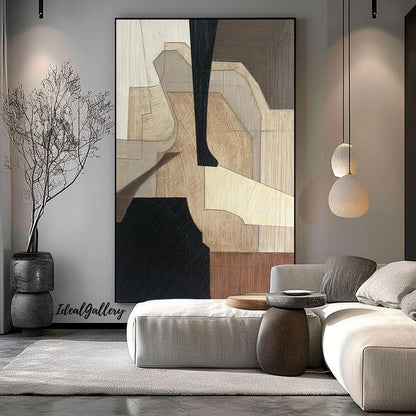 Black Beige Abstract Canvas Painting – Minimalist Wabi-Sabi Wall Art – Abstract Painting