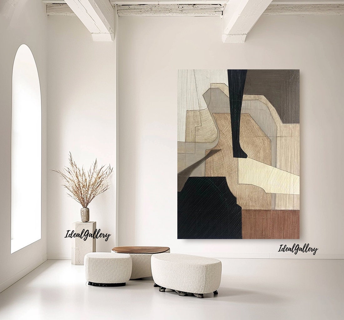 Black Beige Abstract Canvas Painting – Minimalist Wabi-Sabi Wall Art – Abstract Painting
