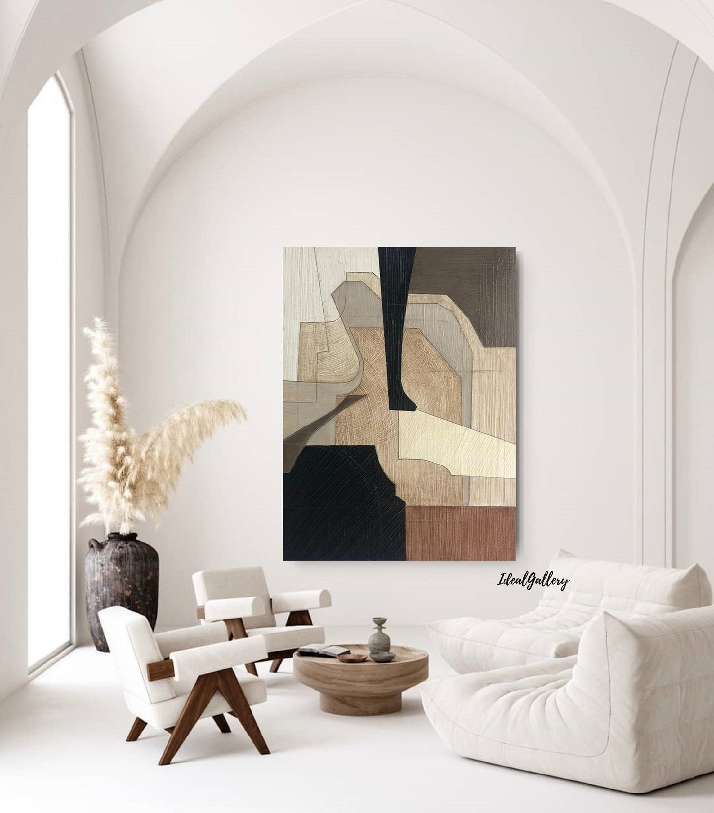 Black Beige Abstract Canvas Painting – Minimalist Wabi-Sabi Wall Art – Abstract Painting