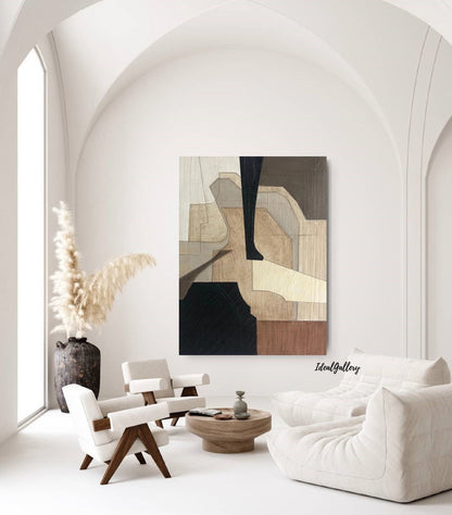 Black Beige Abstract Canvas Painting – Minimalist Wabi-Sabi Wall Art – Abstract Painting