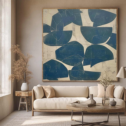 Blue Abstract Wall Art Beige Wabi Sabi Canvas Painting for Living Room Modern Decor