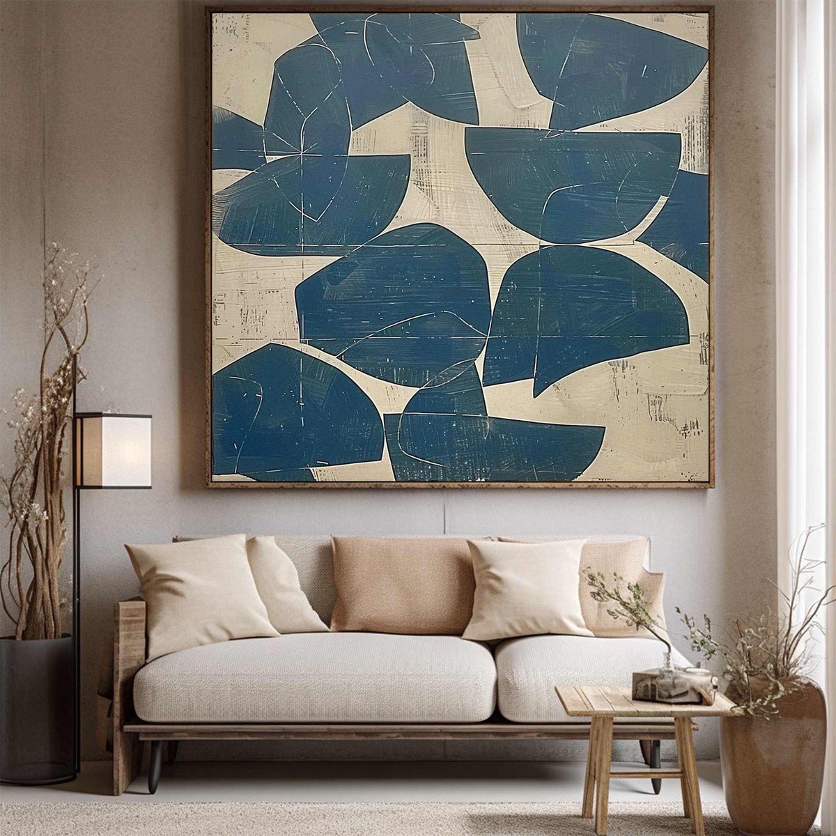 Blue Abstract Wall Art Beige Wabi Sabi Canvas Painting for Living Room Modern Decor