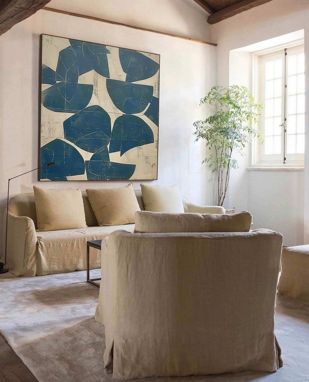 Blue Abstract Wall Art Beige Wabi Sabi Canvas Painting for Living Room Modern Decor