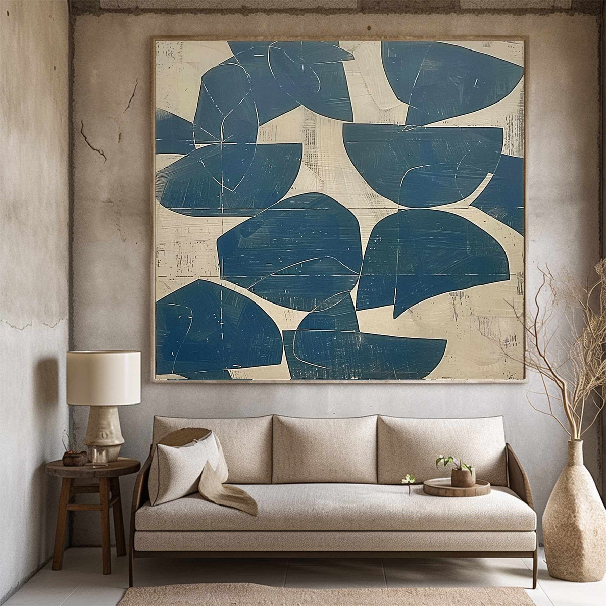 Blue Abstract Wall Art Beige Wabi Sabi Canvas Painting for Living Room Modern Decor