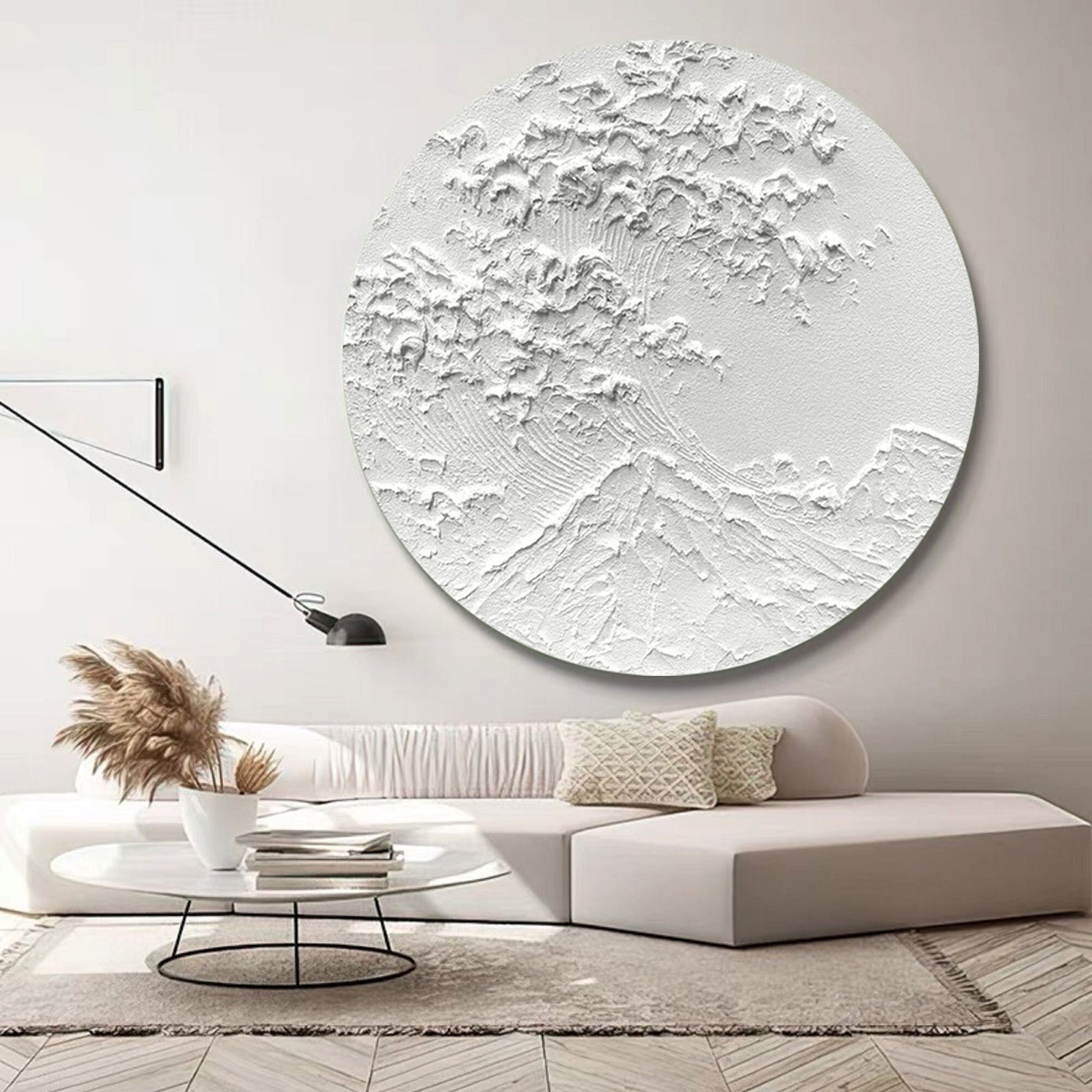 White Circle Textured Abstract Painting – 3D Minimalist Wall Art