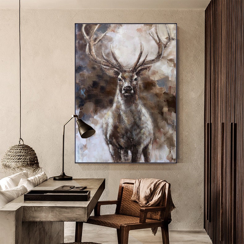 Large Abstract Deer Oil Painting on Canvas, Original Hand-painted Stag Canvas Wall Art, Modern Animal Painting for Living Room,bedroom Décor