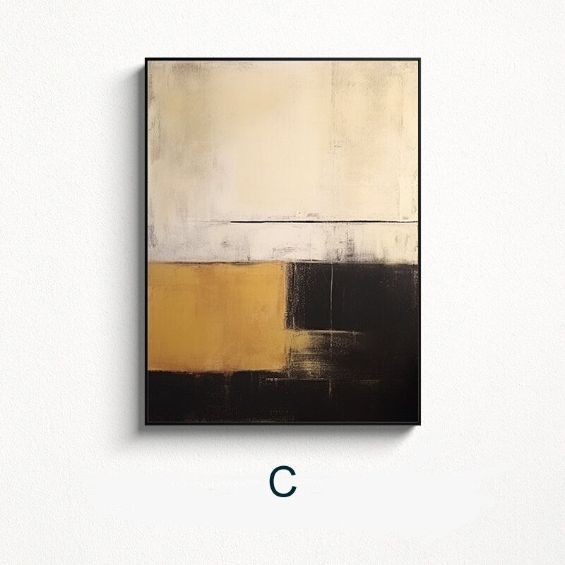 May include: Abstract painting with a black frame. The painting features a large, rectangular shape in the center, divided into three sections. The top section is a light beige color, the middle section is a light brown color, and the bottom section is a dark brown color. The painting has a minimalist style.