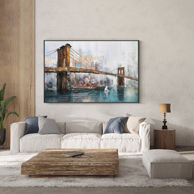 Large Original Brooklyn Bridge Canvas Wall Art, Abstract New York Cityscape Oil Painting on Canvas,modern Manhattan Painting for Living Room