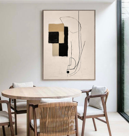May include: Abstract art print with black, white, and beige geometric shapes and lines on a white background.