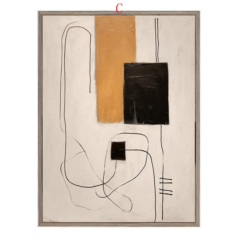 May include: Abstract painting with a white background, black lines, and geometric shapes in black, brown, and yellow.