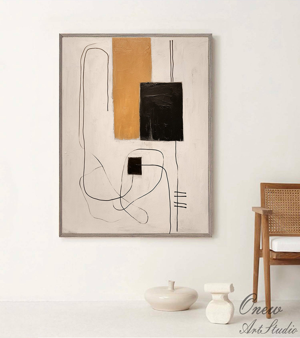 May include: Abstract art painting with black, white, and gold geometric shapes and lines on a white canvas.