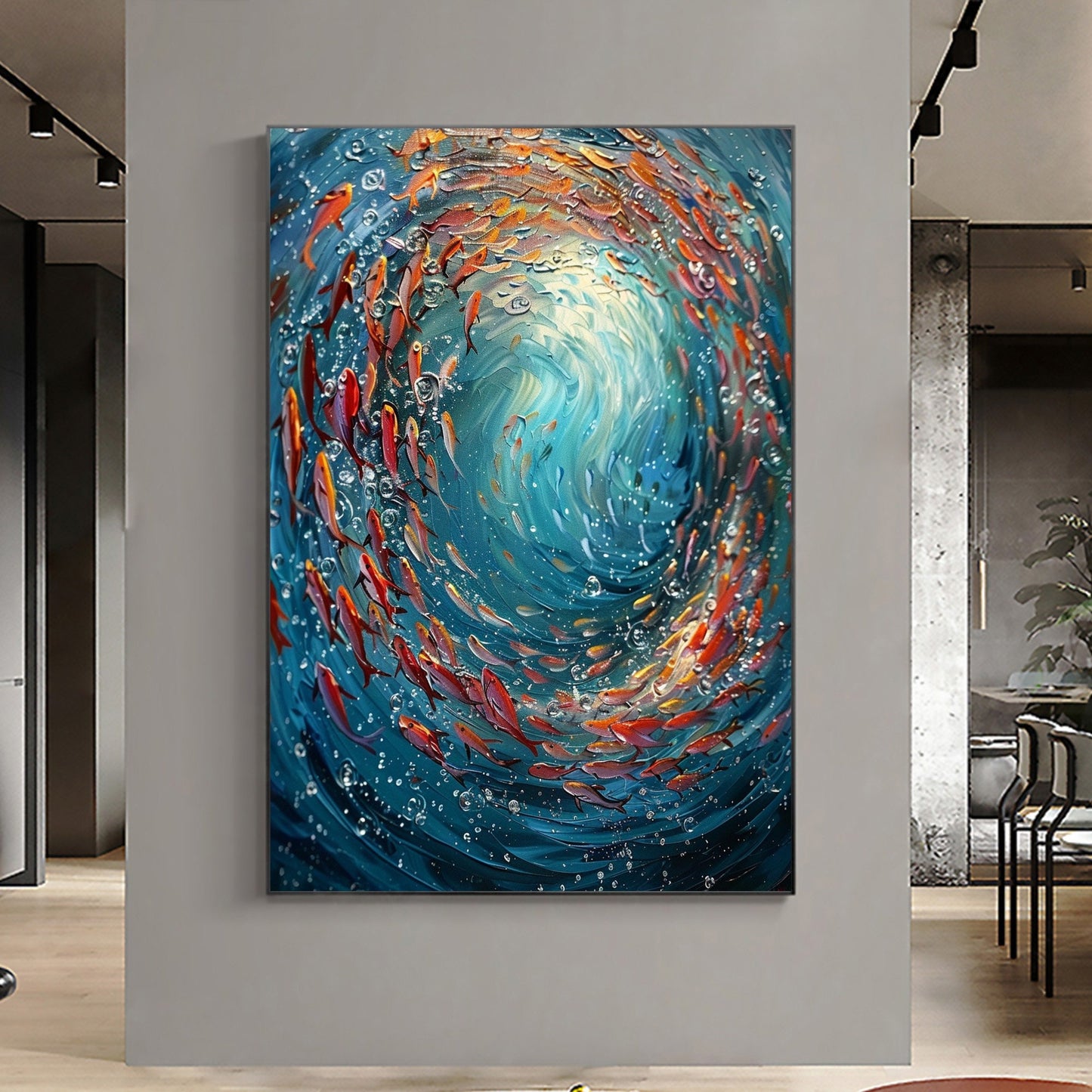 Original School Of Fish On The Bottom Of The Sea Oil Painting On Canvas, Abstract Blue Ocean Painting, Living Room Wall Art, 