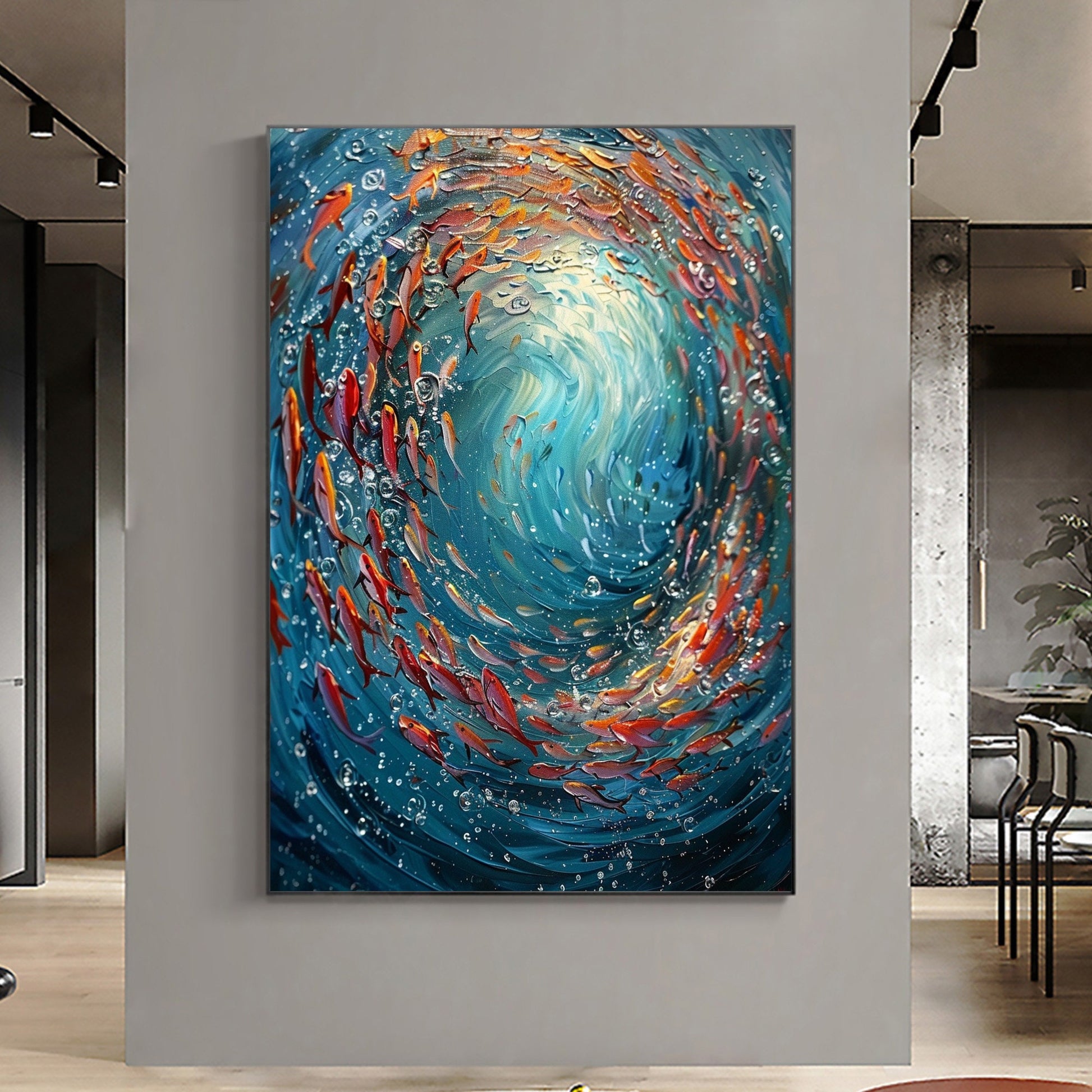 Original School Of Fish On The Bottom Of The Sea Oil Painting On Canvas, Abstract Blue Ocean Painting, Living Room Wall Art, 