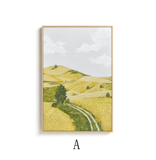 May include: A painting of a landscape with rolling hills, a winding dirt road, and a single tree in the foreground. The hills are covered in green grass and yellow wildflowers. The sky is a light blue with white clouds.