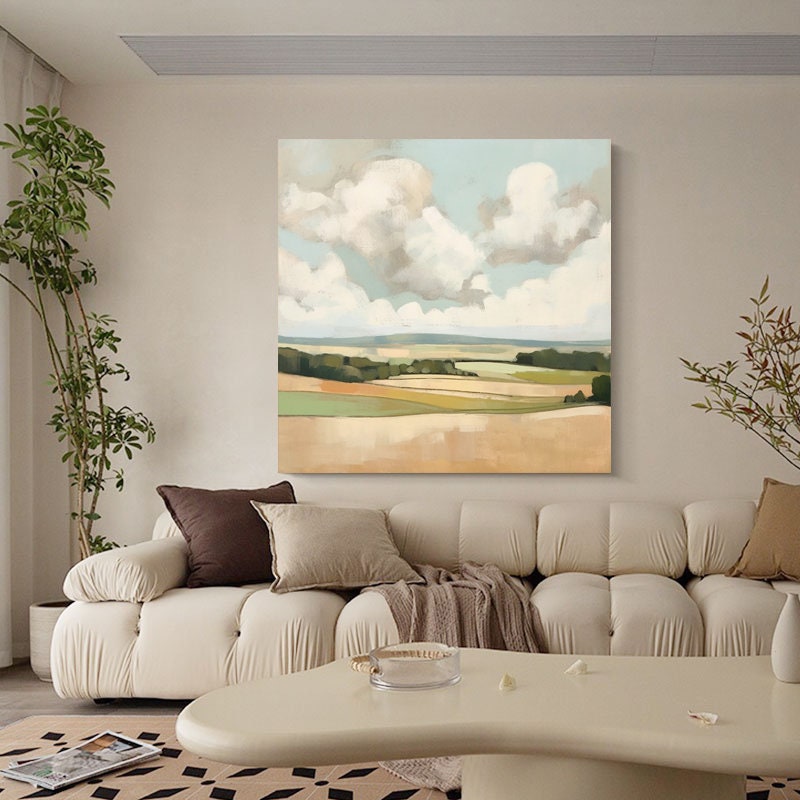 Large Abstract Landscape Oil Painting on Canvas, Original Mountain and Clouds Canvas Wall Art, Modern Minimalist Nature Art for Living Room