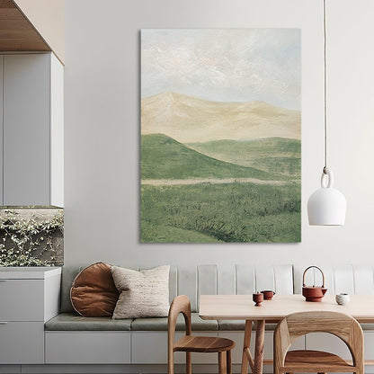 May include: A painting of a landscape with rolling green hills and a light blue sky with white clouds. The hills are in the foreground and the sky is in the background.