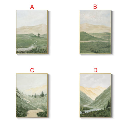 May include: Four framed landscape paintings with a green and brown color scheme. Each painting depicts a different scene of rolling hills, a winding path, and a single tree. The paintings are all framed in a gold frame.