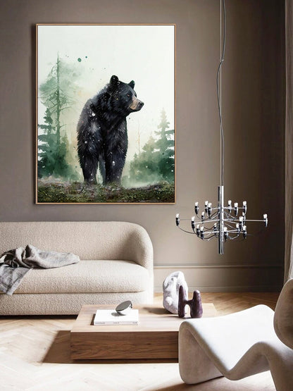 May include: A watercolor painting of a black bear standing in a forest. The bear is facing to the right and the background is a soft green and white.