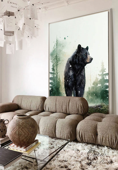 May include: A watercolor painting of a black bear standing in a forest. The bear is facing to the right and has a white patch on its chest. The background is a soft green and blue watercolor wash.